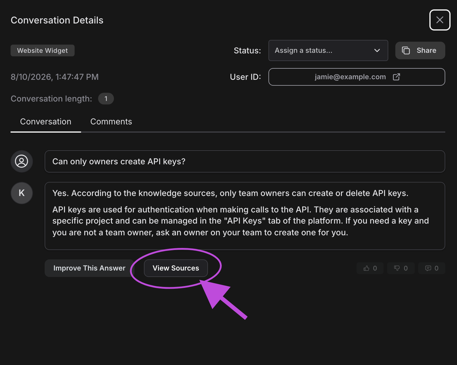 View sources button in conversation details