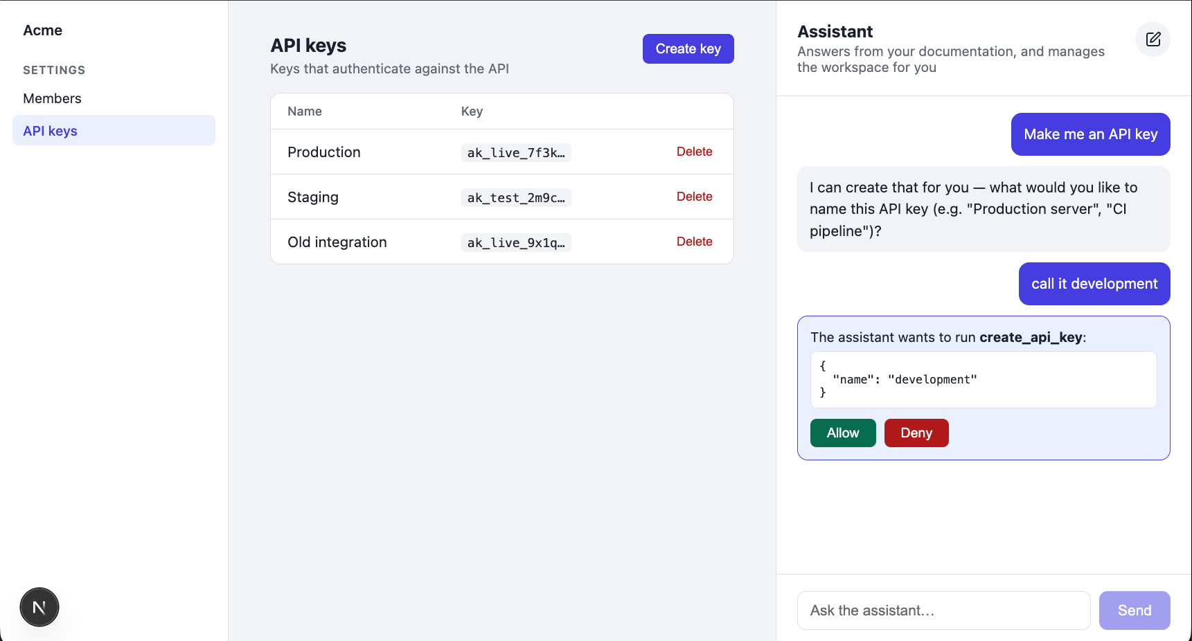 The approval card: the assistant wants to run create_api_key with the chosen name, and the user decides with Allow or Deny