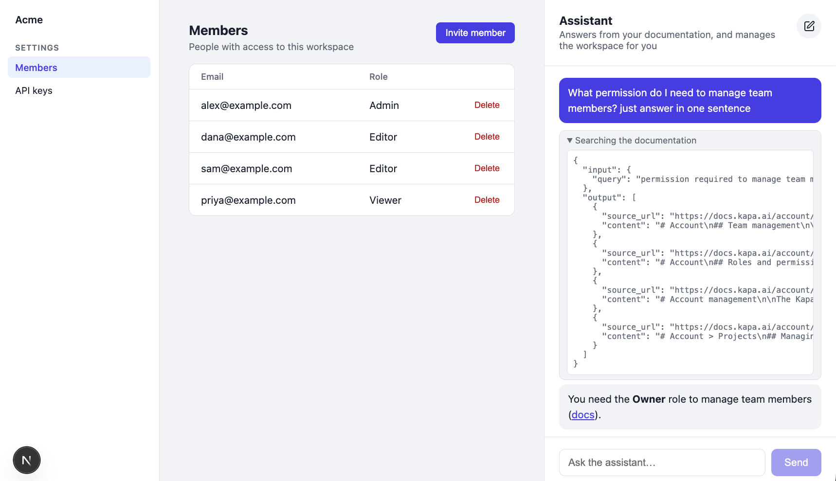 The assistant answering a question from the documentation, with the search step expanded showing the query and the returned chunks with their source URLs