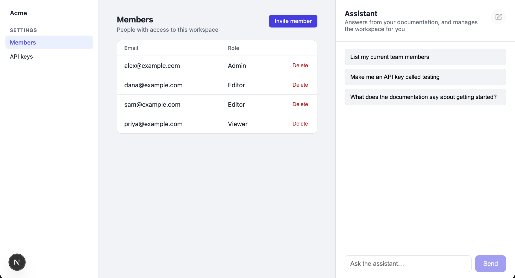 The demo app: an Acme-branded settings page with a members table and the assistant panel