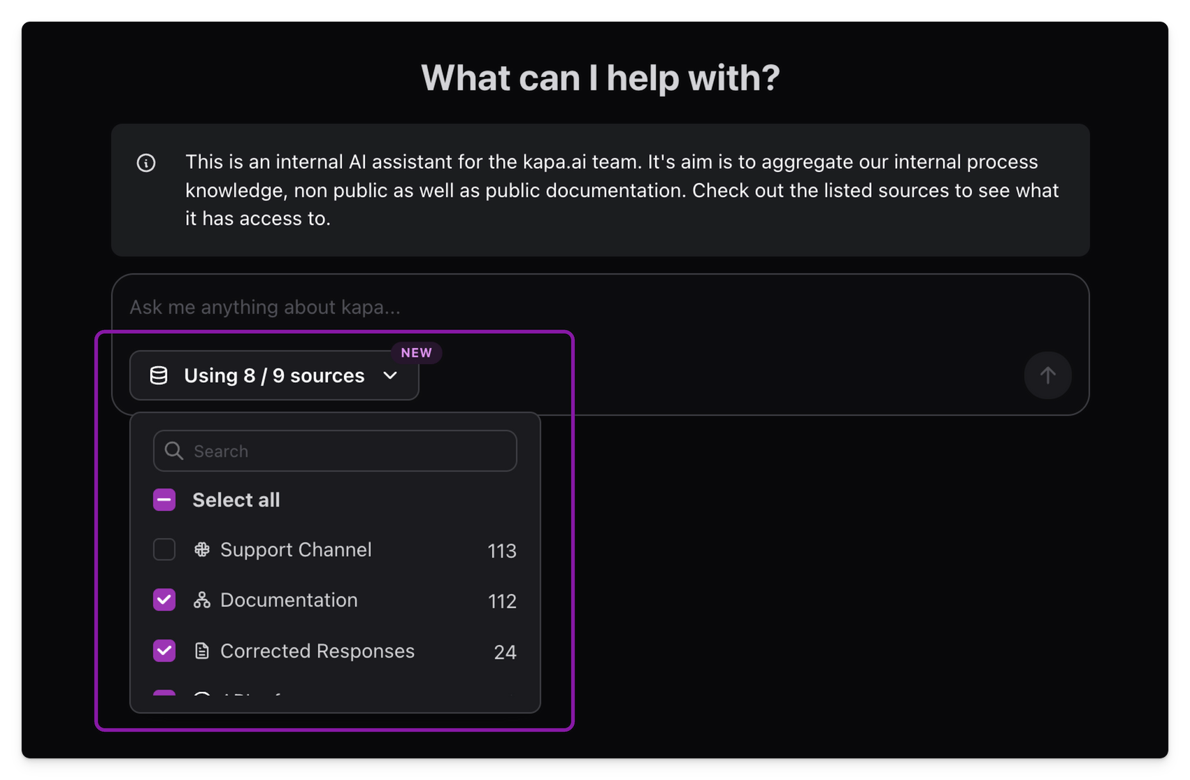Source filtering menu