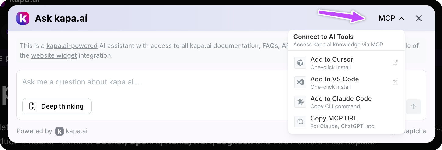 MCP dropdown in widget header