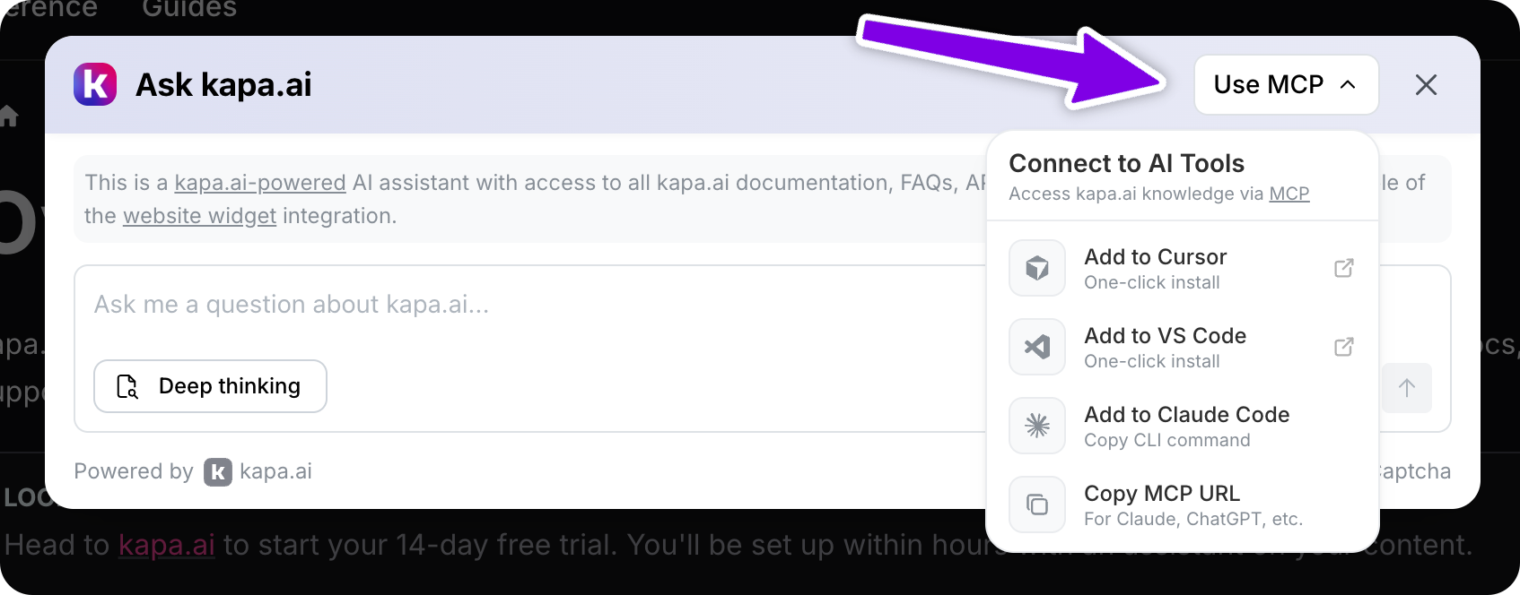 MCP dropdown in widget header
