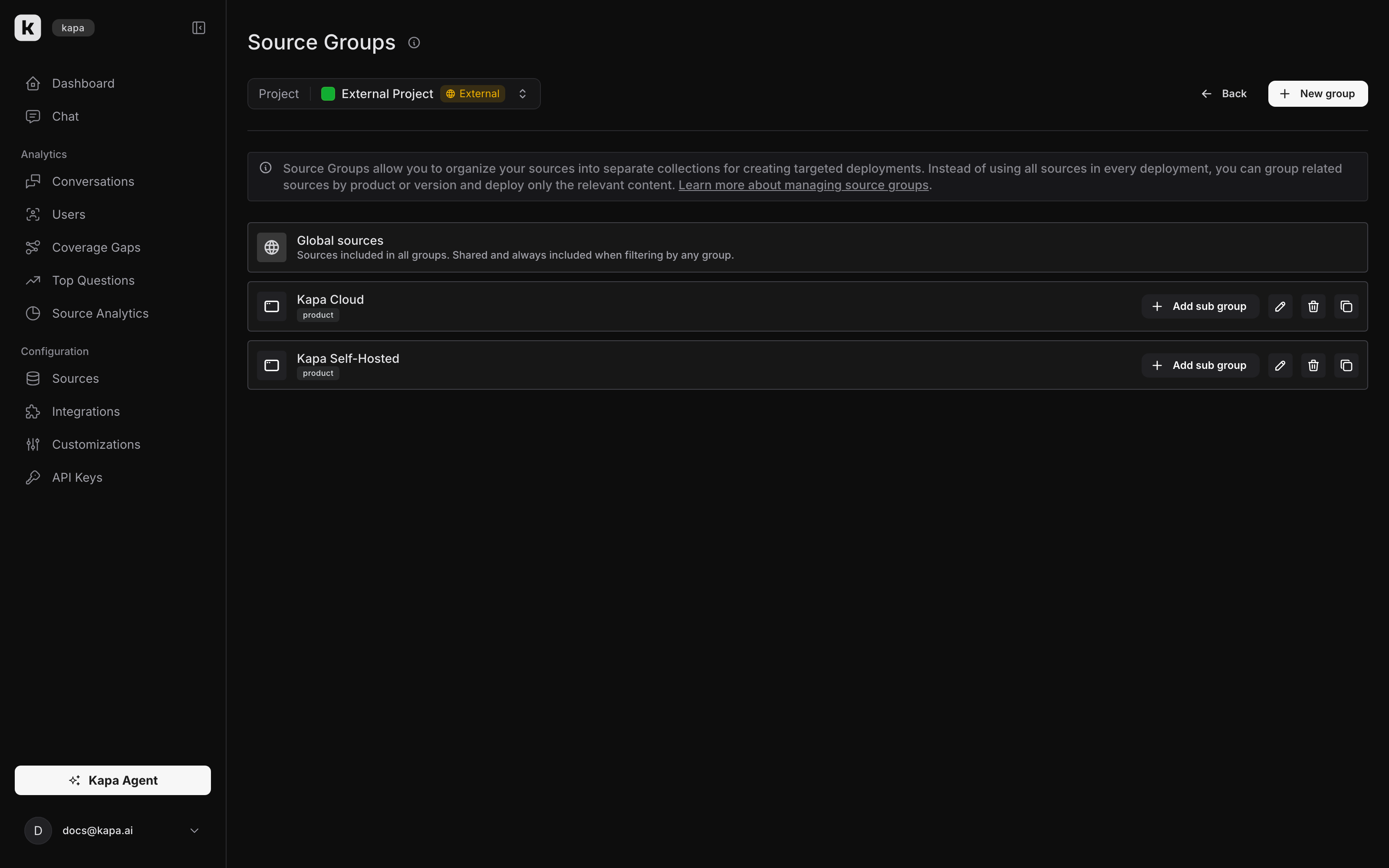 Source groups management on the Kapa platform