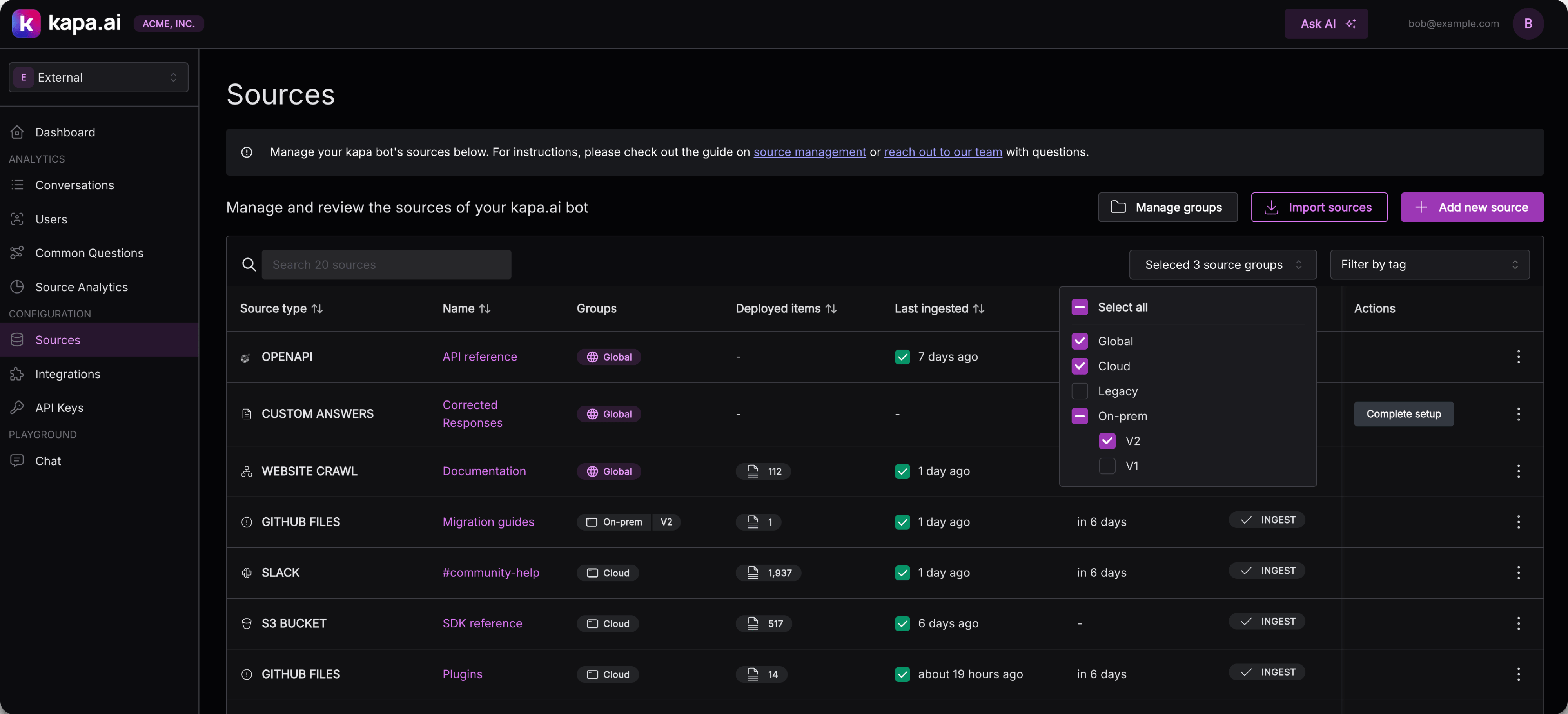 Source groups management on the Kapa platform