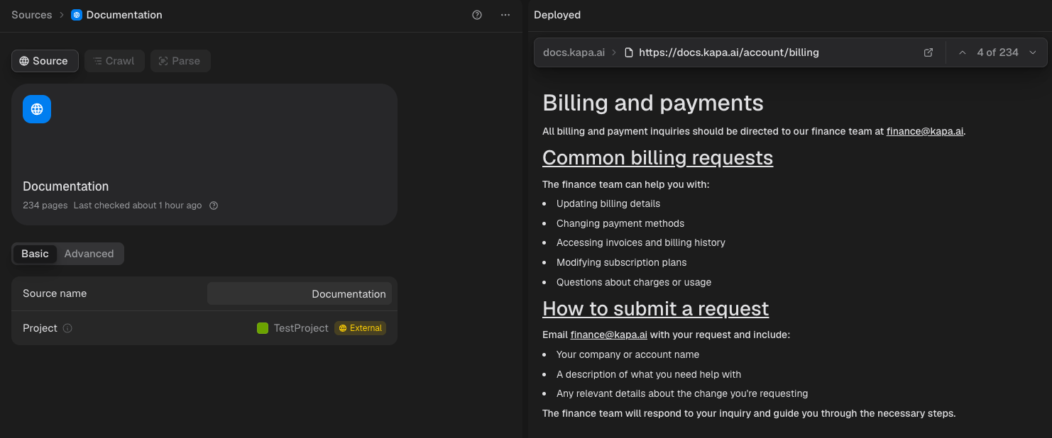 A deployed page opened from the tree, showing its content as indexed