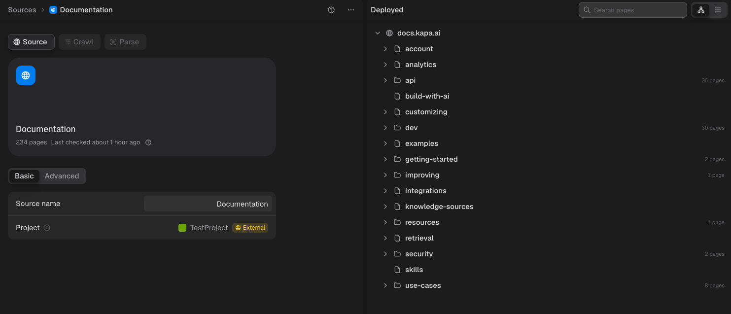 The Deployed pane listing the deployed pages as a tree grouped by URL path