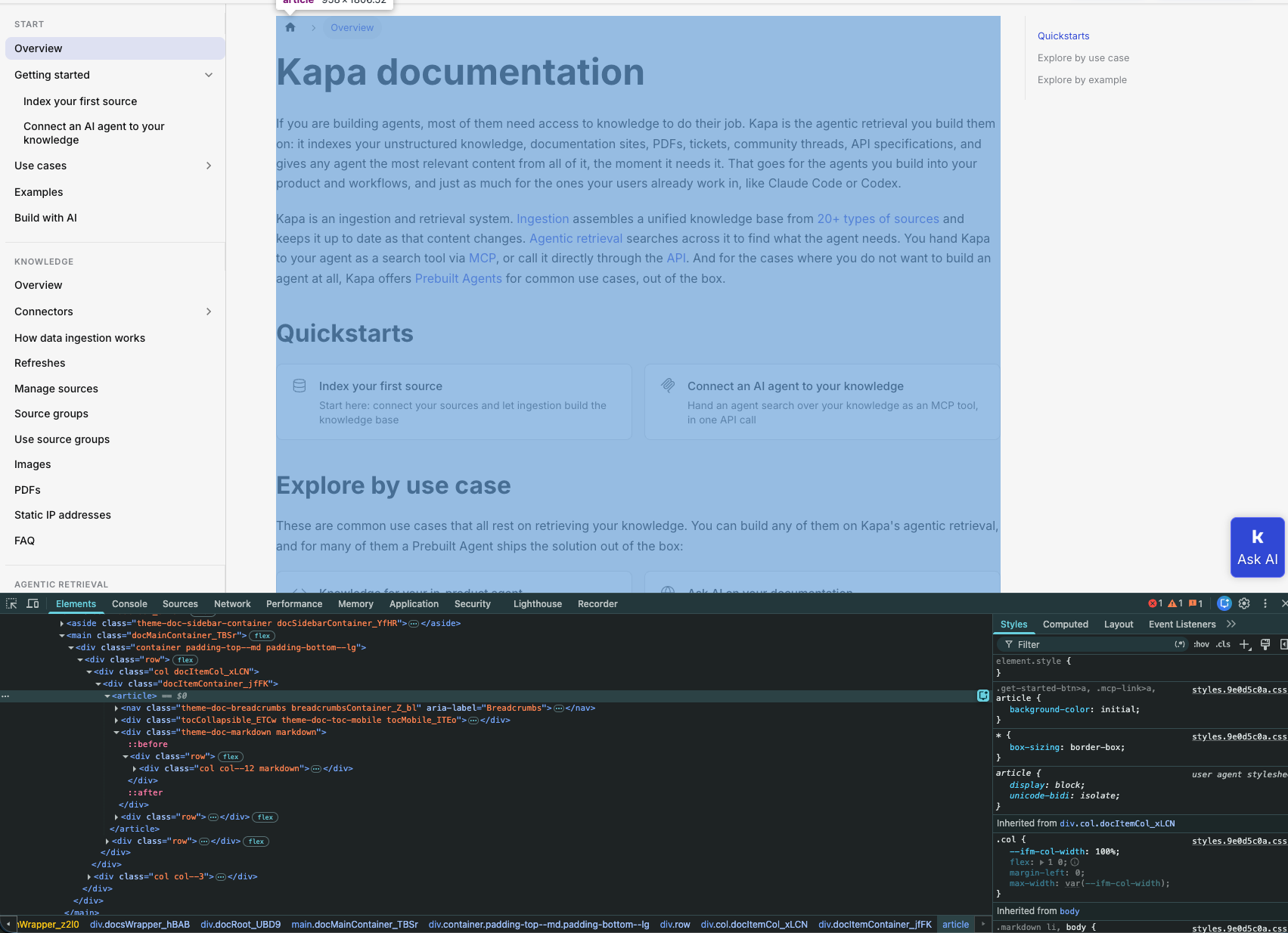 The developer tools with the article element selected, highlighting the page's main content