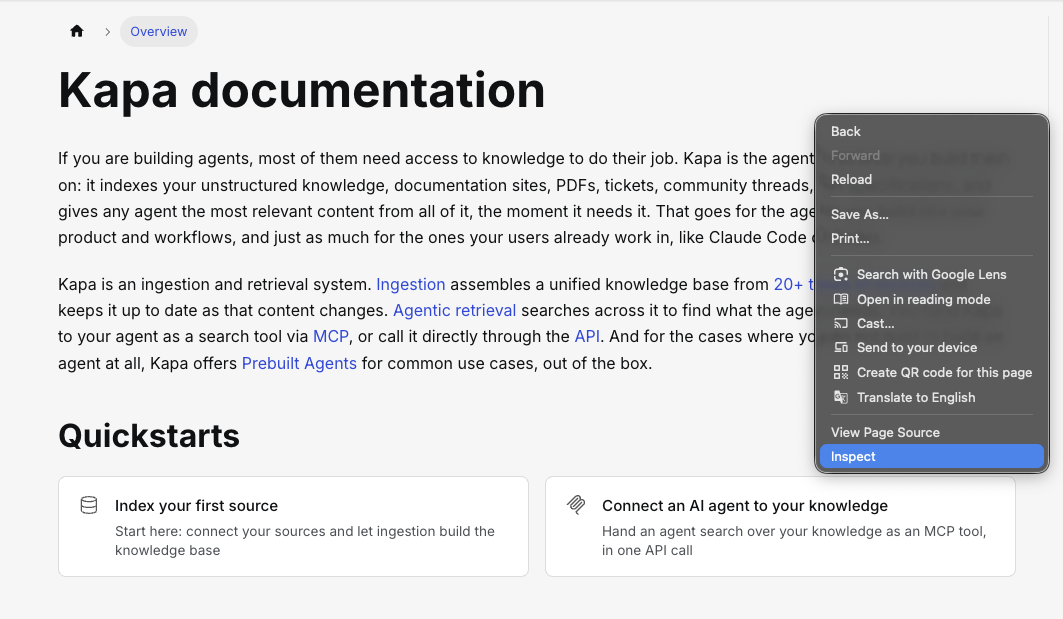 A documentation page with the browser context menu open and Inspect highlighted