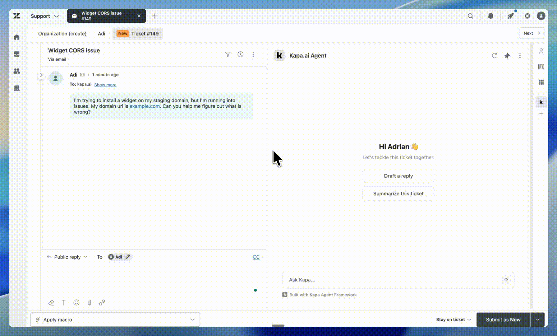 Kapa Zendesk Agent app in action