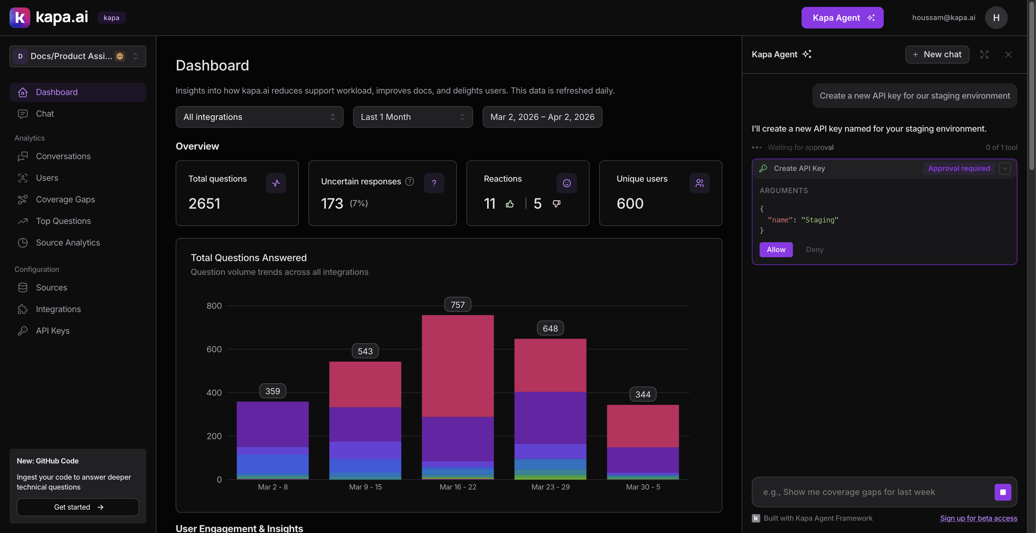 The approval flow showing a Create API Key tool call with Allow and Deny buttons