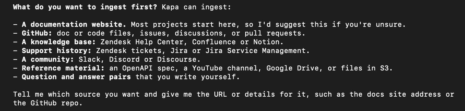 The agent listing the source types Kapa can ingest and asking which one to start with