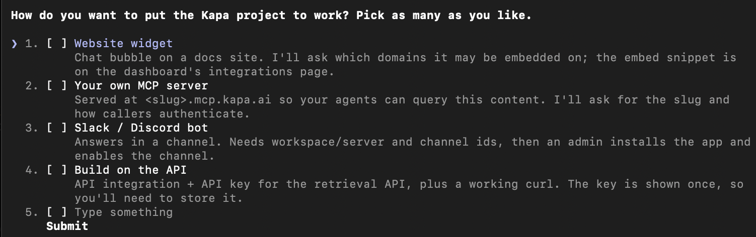 The agent asking how to deploy the project, with options for a website widget, an MCP server, a Slack or Discord bot, and building on the API