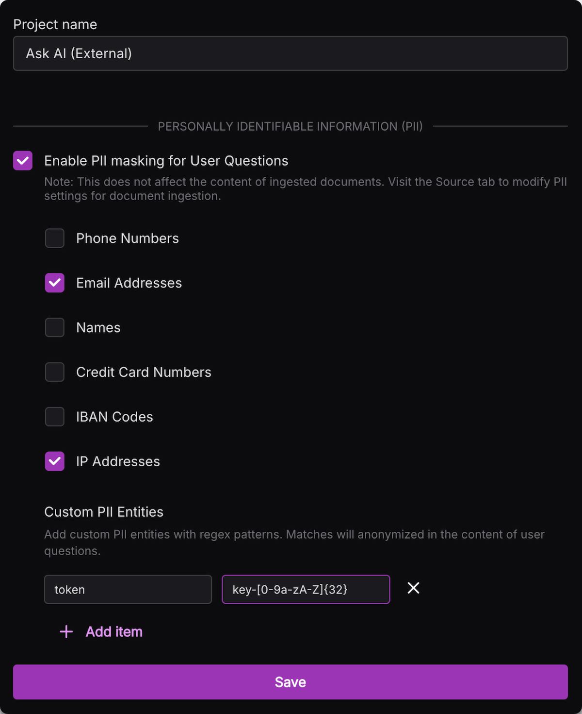 PII config for user question