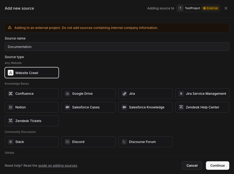 Add new source modal with a name and the website crawl source type selected