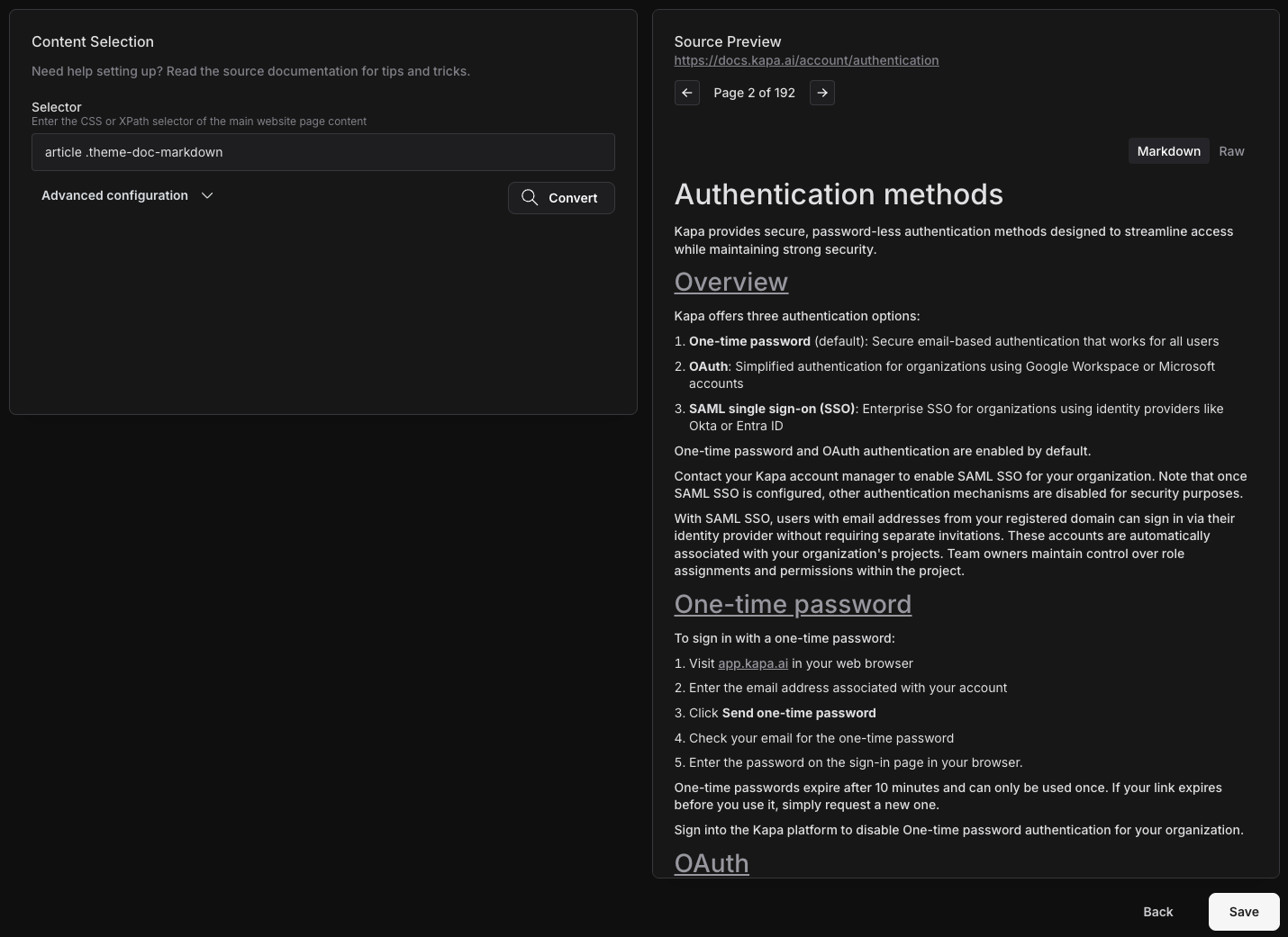 Content selection with a selector and the resulting Markdown preview