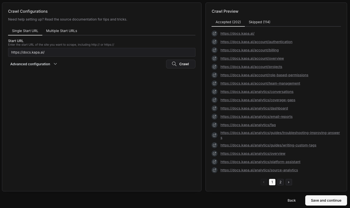 Crawl configuration with the preview showing accepted pages