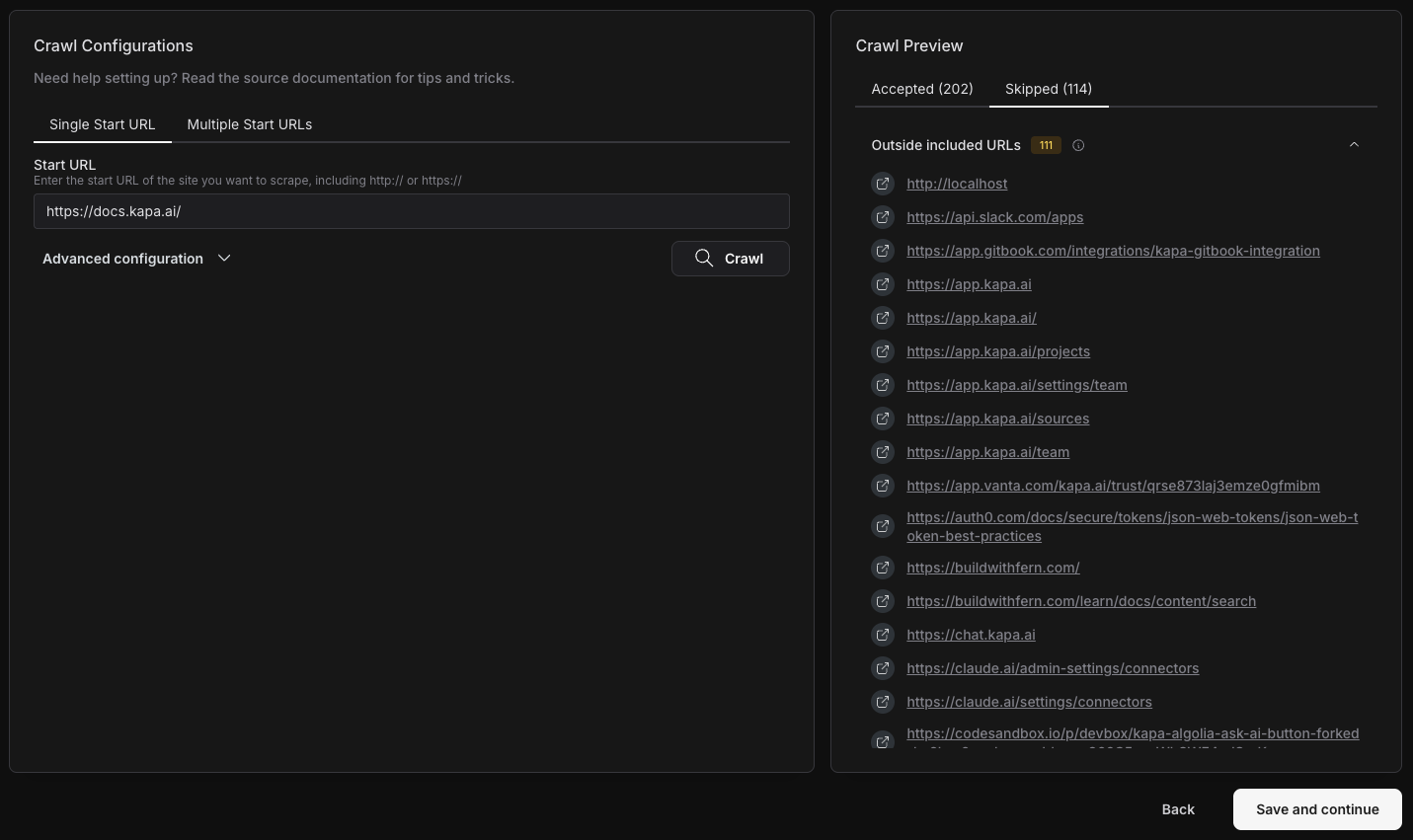 Crawl preview with the skipped tab open, pages grouped by skip reason