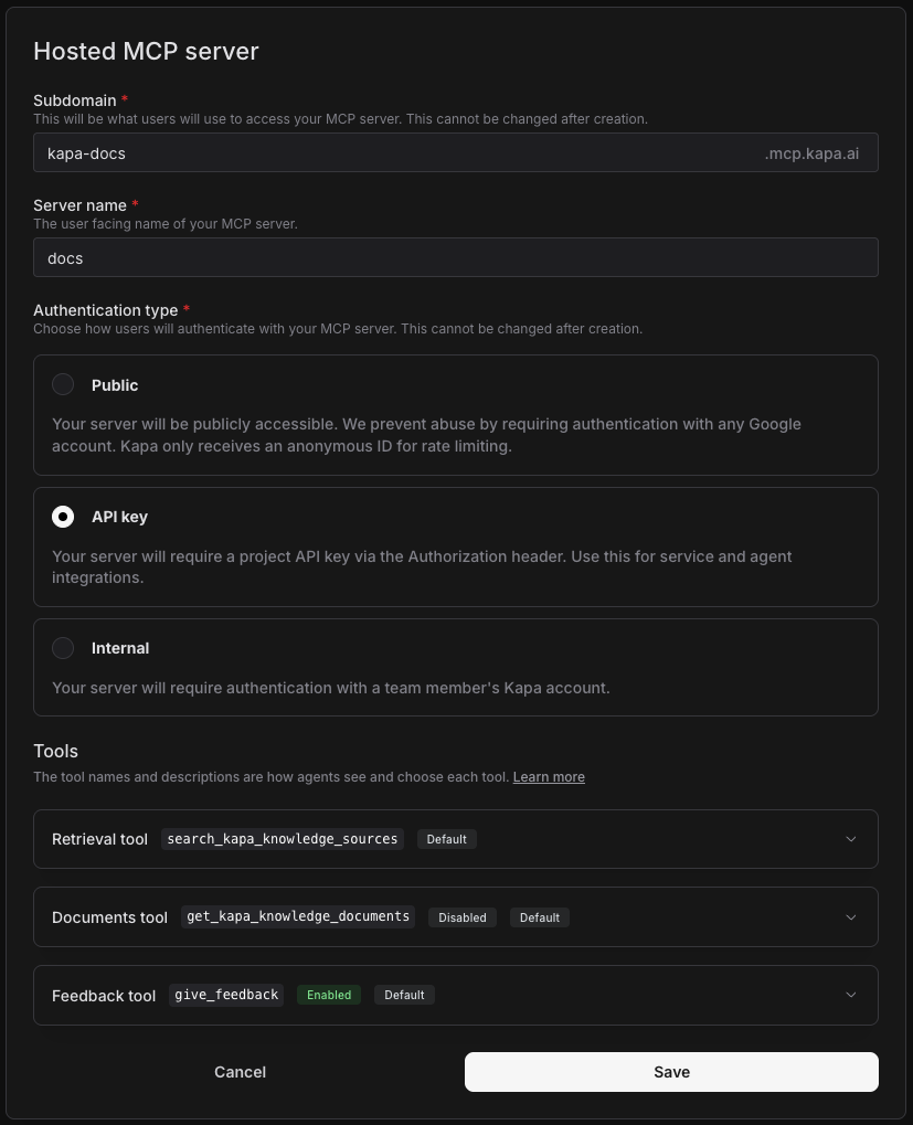 Hosted MCP server creation form with API key authentication selected