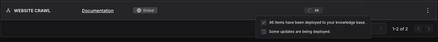 Source row showing ingestion progress with a count of deployed pages