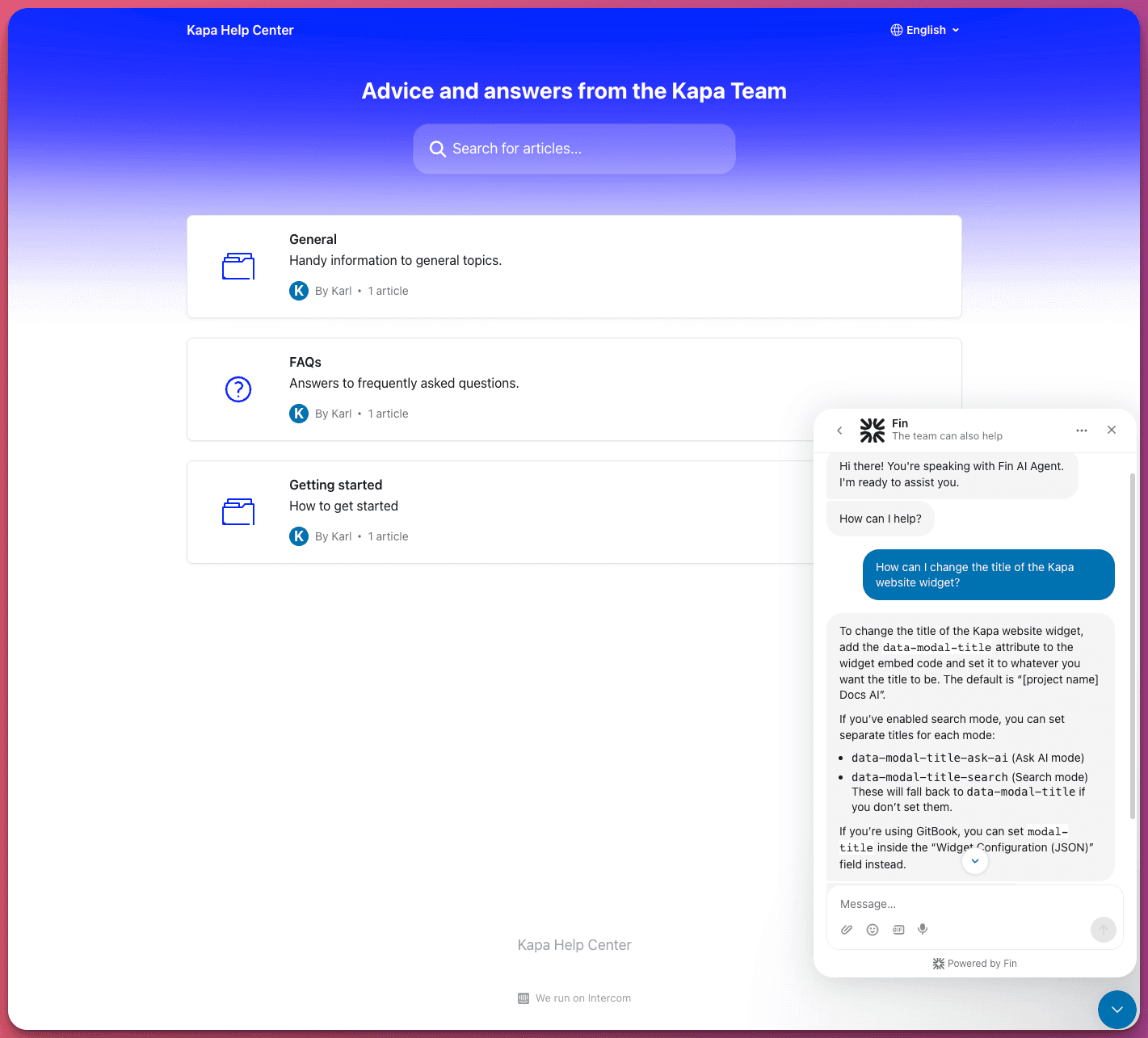 Fin messenger on a help center answering a product question with content retrieved from Kapa
