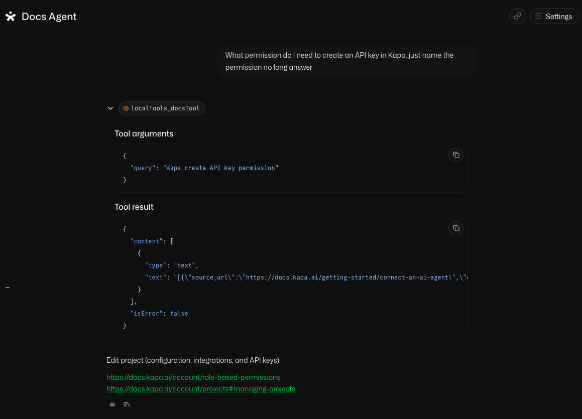 Mastra Studio chat with the Docs Agent: an expanded localTools_docsTool call showing the search query the agent sent, the returned passages with source URLs, and a short answer ending in two documentation links