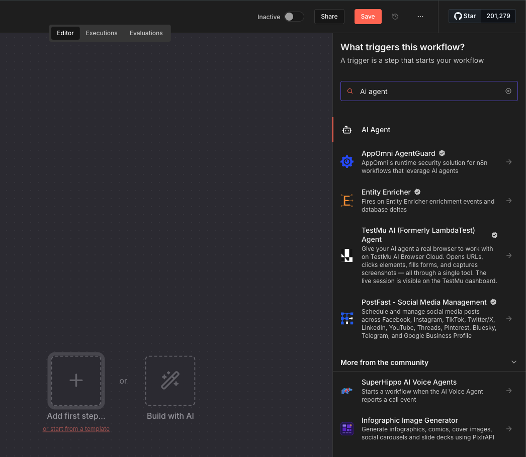 n8n's first-step panel with AI Agent selected as the way to start the workflow
