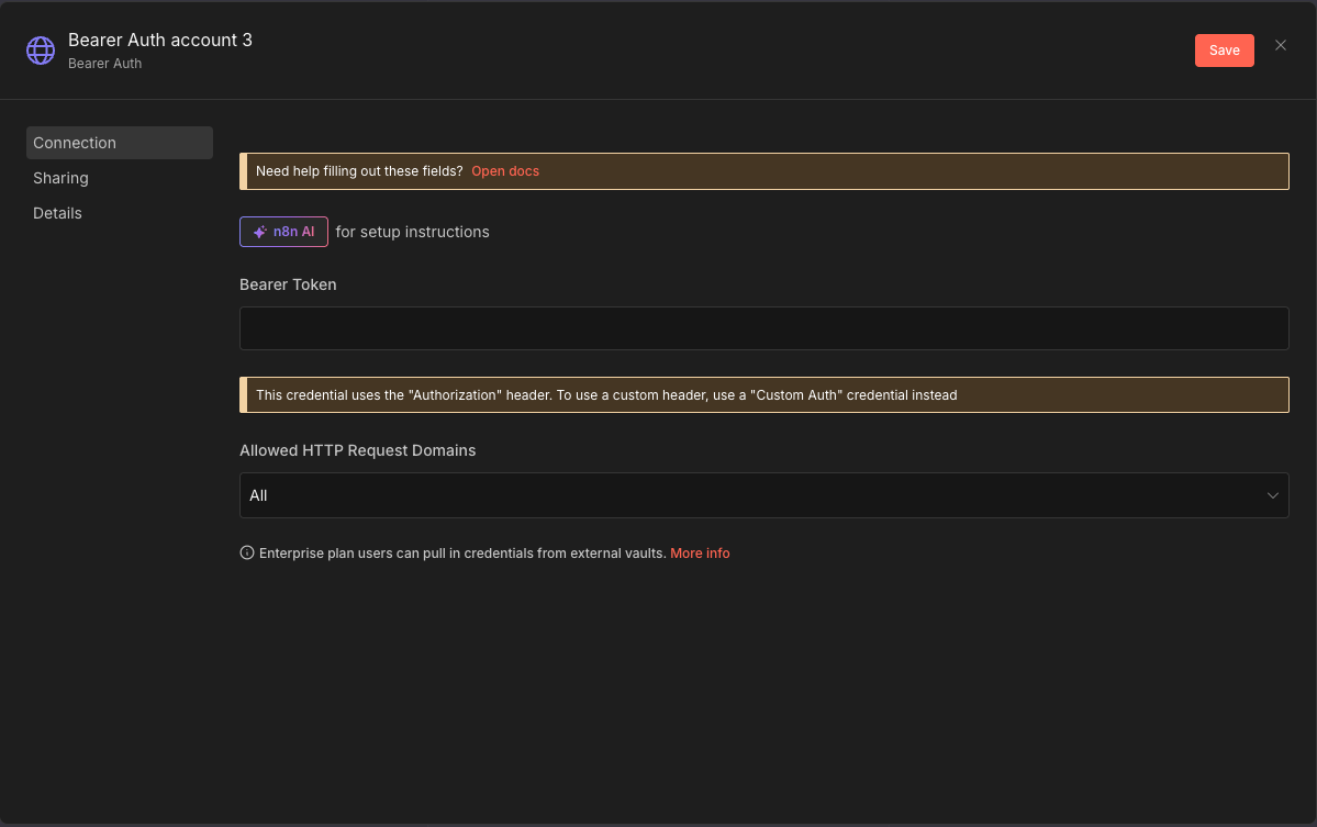 n8n's Bearer Auth credential window with the Bearer Token field for the Kapa API key