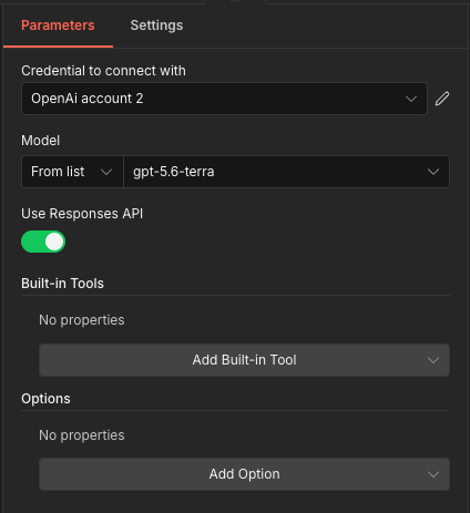 The OpenAI Chat Model node in n8n with a credential selected and gpt-5.6-terra picked from the model list