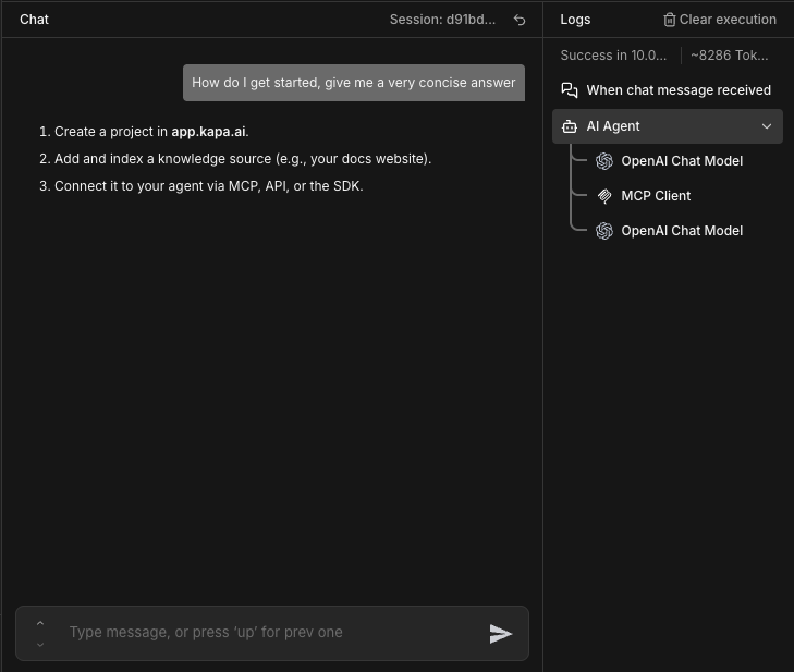 Testing the agent in n8n's chat panel, with the Logs view showing the AI Agent calling the MCP Client between two model calls and the grounded answer in the chat