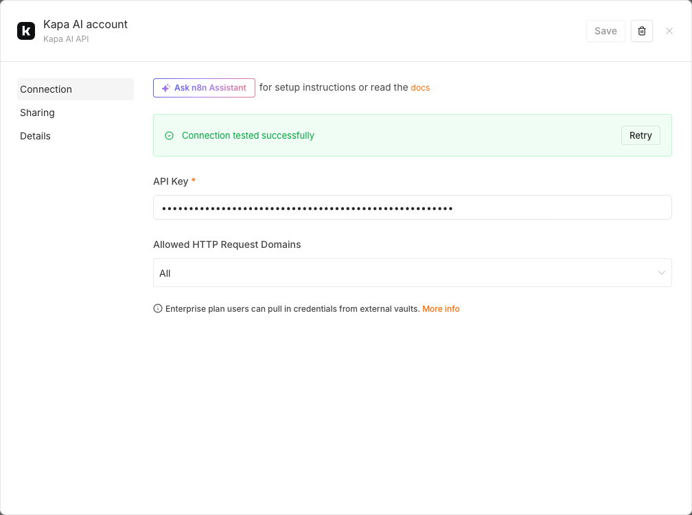 The Kapa AI API credential form in n8n with the API Key field