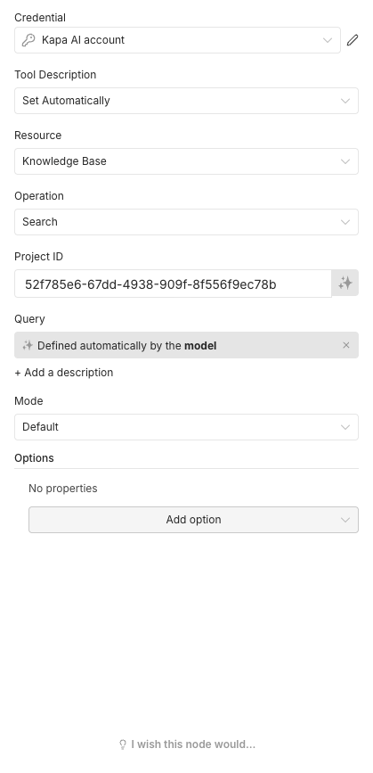 The Kapa AI search tool with a fixed project and Query defined by the model