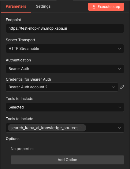 The MCP Client Tool node parameters in n8n, configured with a Kapa MCP endpoint, HTTP Streamable transport, Bearer authentication, and the knowledge search tool selected