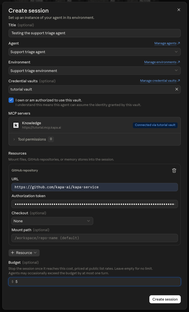 The Create session modal in the Anthropic Console: a session title, the Support triage agent and its environment selected, an attached credential vault with an acknowledgement checkbox, the Knowledge MCP server marked Connected via tutorial vault, a GitHub repository resource with URL and authorization token, and a five dollar budget