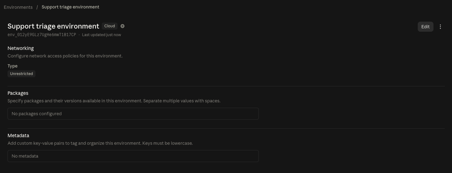 An environment page in the Anthropic Console named Support triage environment, hosted on Cloud, with networking type Unrestricted and no packages or metadata configured