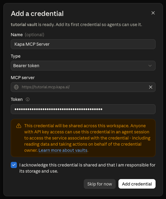 The Add a credential modal in the Anthropic Console: type Bearer token, an MCP server URL field with a Kapa hosted MCP server address, a masked token field, and an acknowledgement checkbox for workspace sharing
