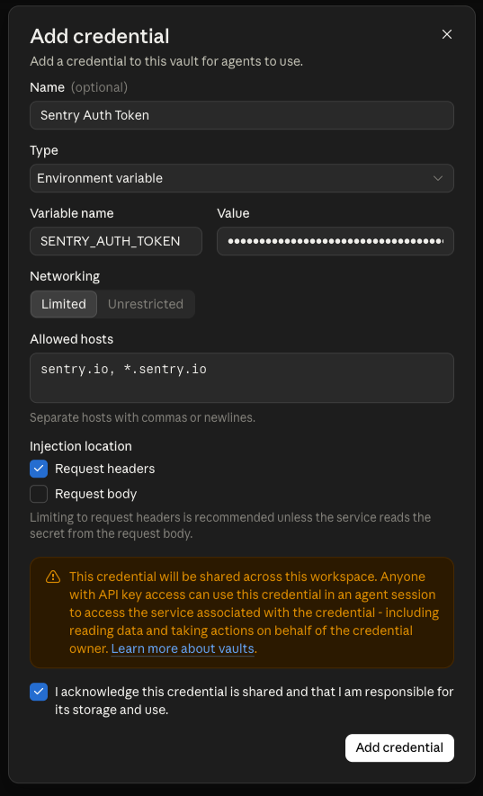 The Add a credential modal in the Anthropic Console: type Environment variable, variable name SENTRY_AUTH_TOKEN, a masked value, networking Limited with sentry.io and *.sentry.io as allowed hosts, and injection into request headers only