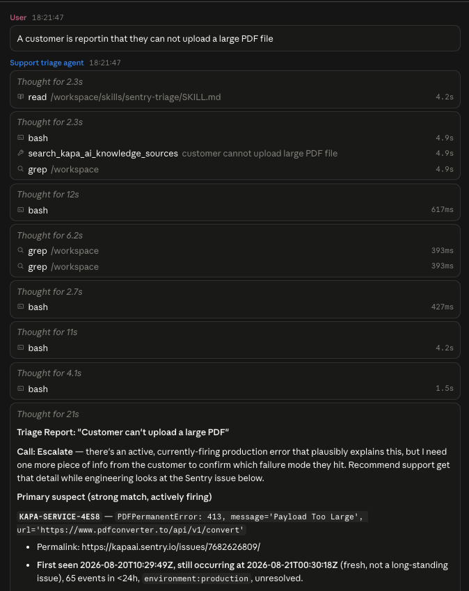 A session in the Anthropic Console: a user reports that a customer cannot upload a large PDF, the Support triage agent reads the sentry-triage skill, runs bash, knowledge search, and grep calls in parallel, and ends with a triage report whose call is Escalate, citing an actively firing Sentry issue with a 413 Payload Too Large error, its permalink, and first-seen timing