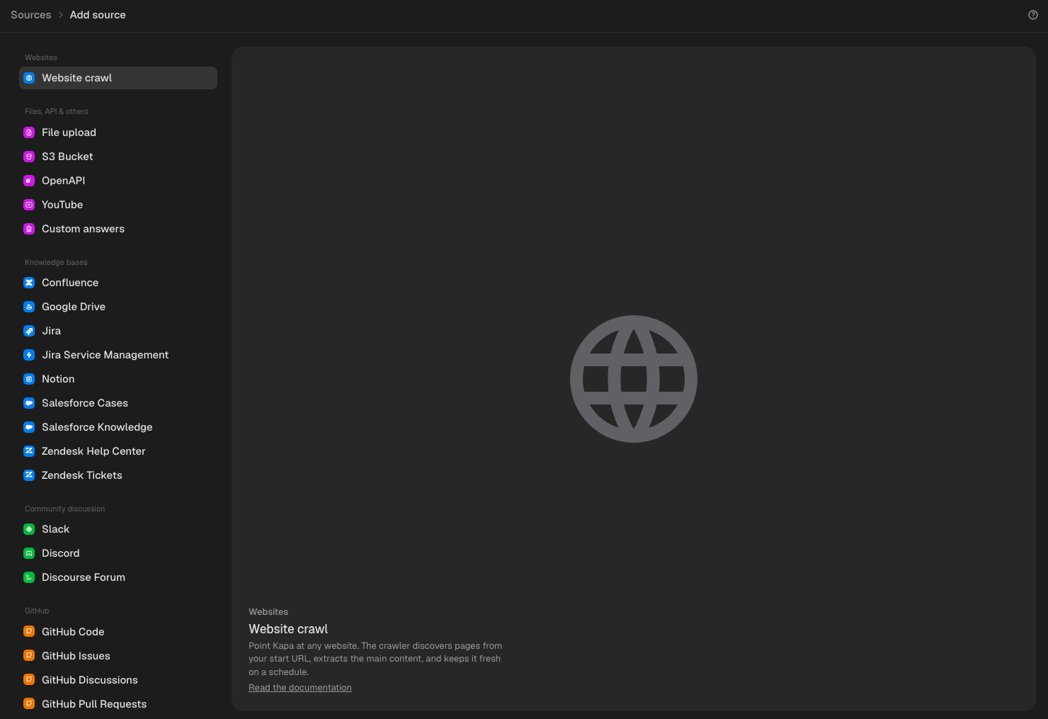 The add source page with the Website crawl source type selected