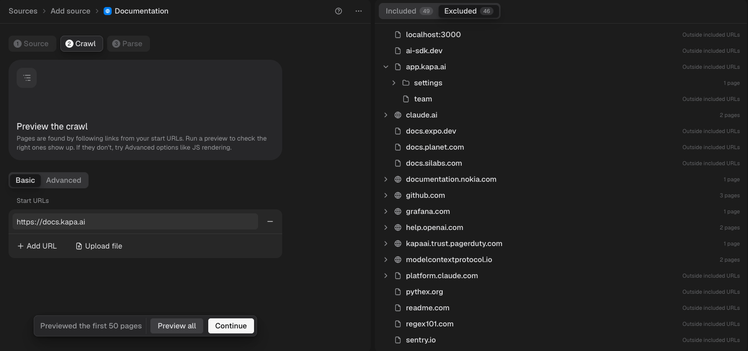 The Excluded tab of the crawl preview, each page with the reason it was left out