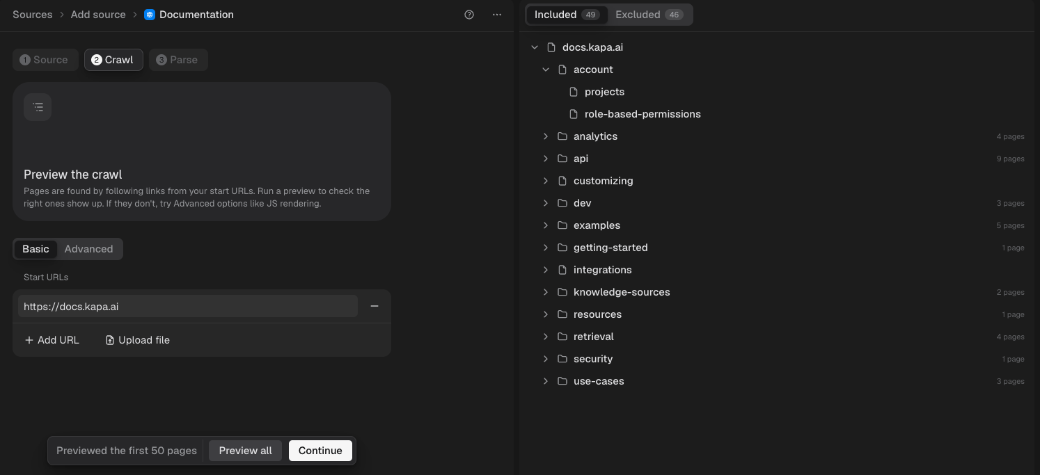 The Crawl step with the preview showing included pages grouped by URL path