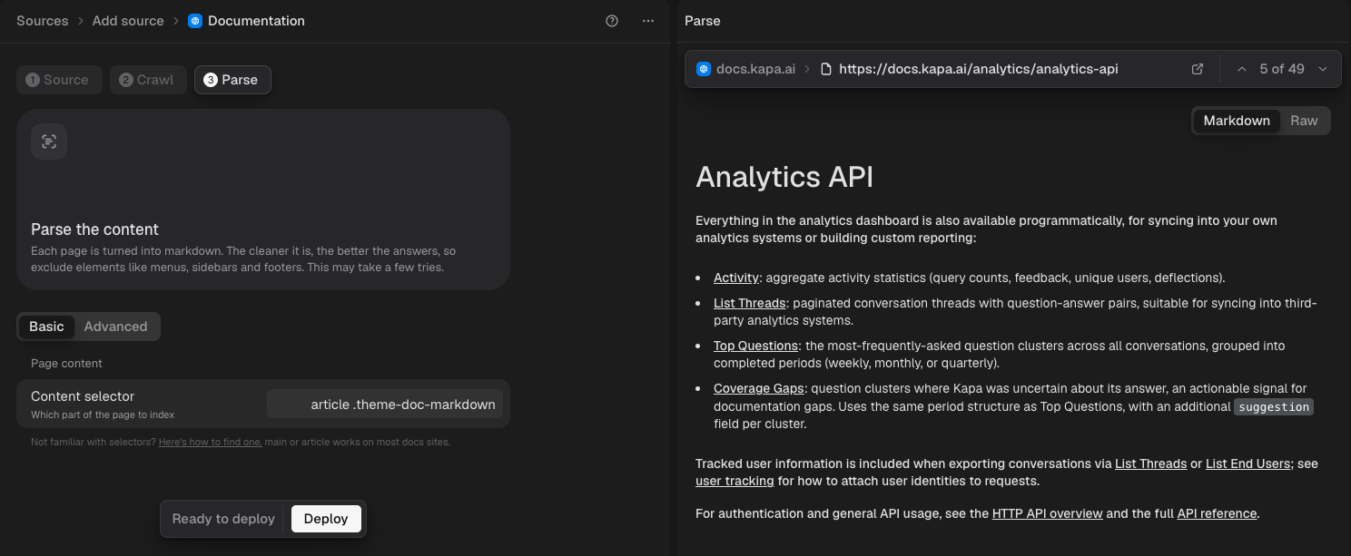 The Parse step with a content selector and the resulting Markdown preview