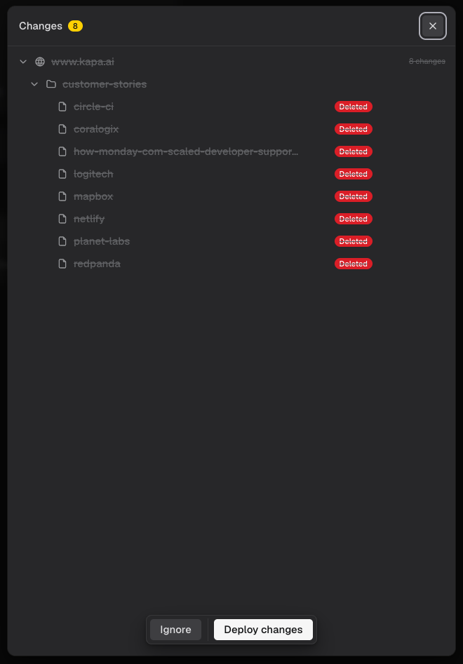 The review dialog listing the changed pages, each labeled with its change type