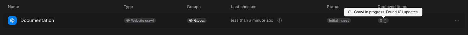 Source row with the initial ingest status, showing how many pages the crawl has found so far