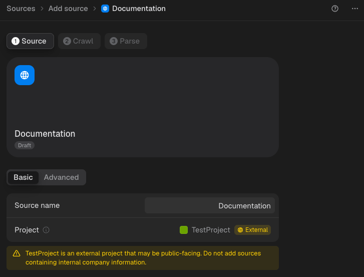 The Source step with a source name entered