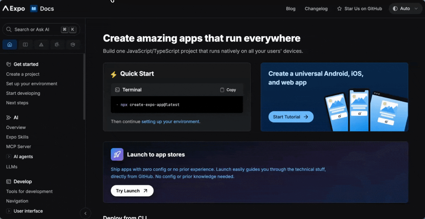 Ask AI answers surfacing directly in Expo's docs search