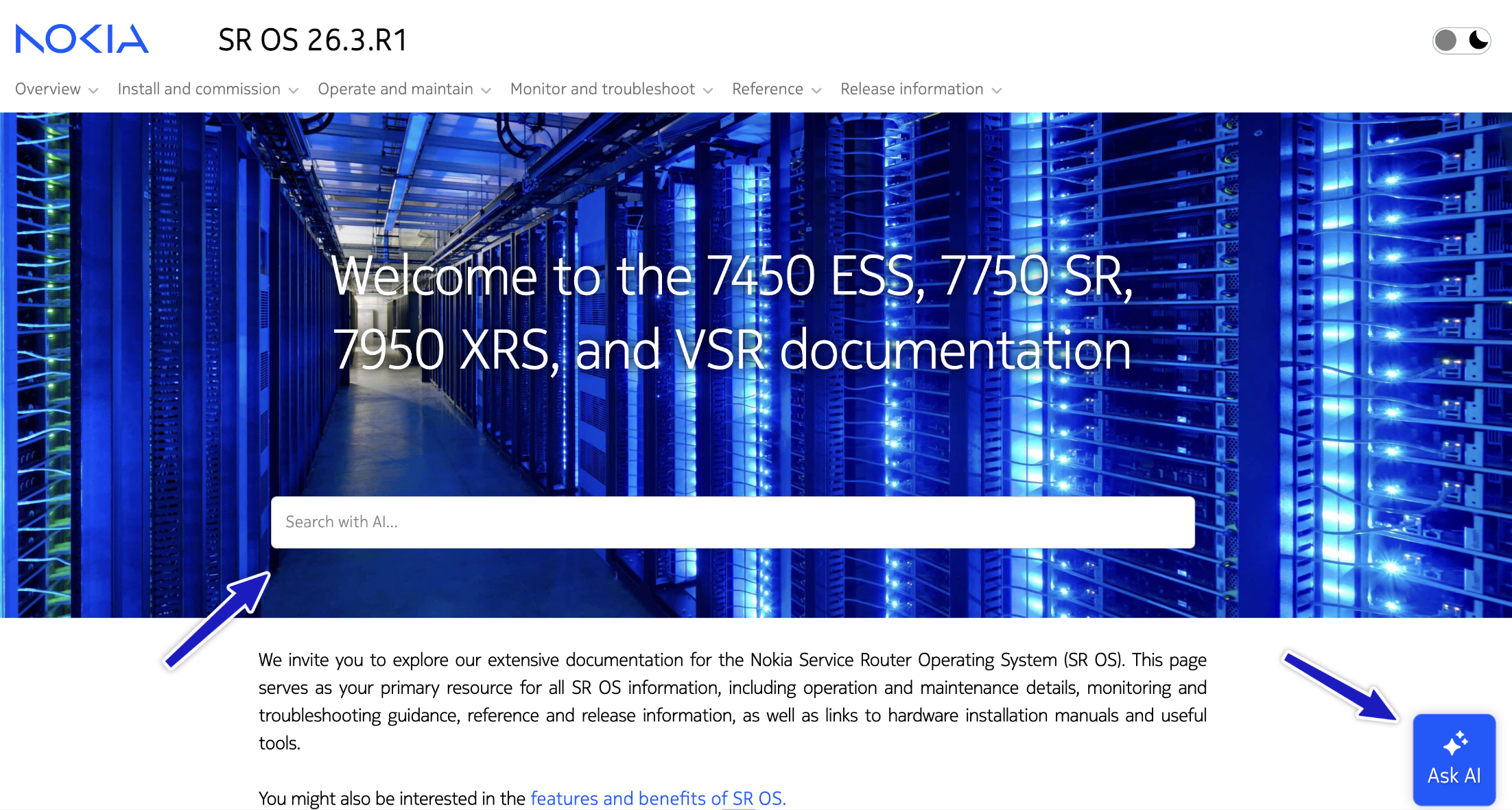 Nokia SR OS documentation high-contrast Ask AI button