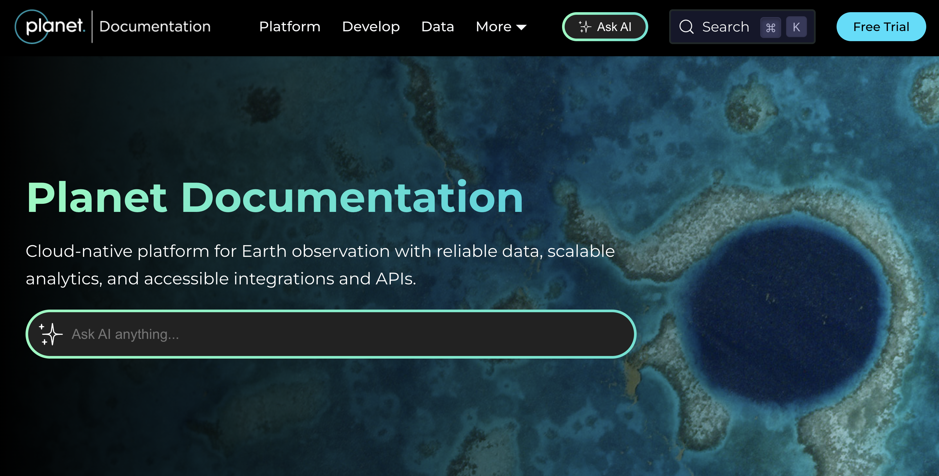Planet documentation front-and-center Ask AI input